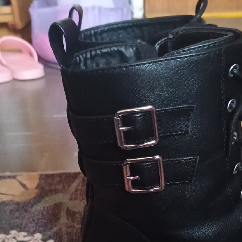 Black Combat Boots with Silver Buckle And Zipper Detail - Picture 4 of 7